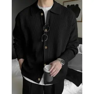 Autumn Winter Thick Knit Sweater Coat, Casual Unisex Cardigan, Lapel Long Sleeve Polo Shirt, Moderate Fabric, Fitted Style