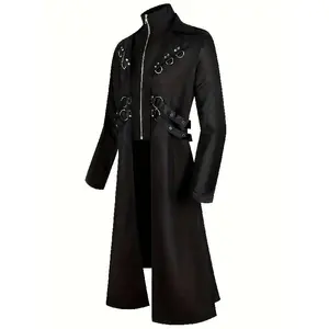 Vintage Gothic Rock Performances Costume - Punk Style Mid-Length Black Jacket With Metallic Accents, Long Sleeves, And Front Pockets For Cosplay, Themed Parties, Or Music Events, Themed Event Attire, High Design, Nonstretch Fabric renaissance outfits