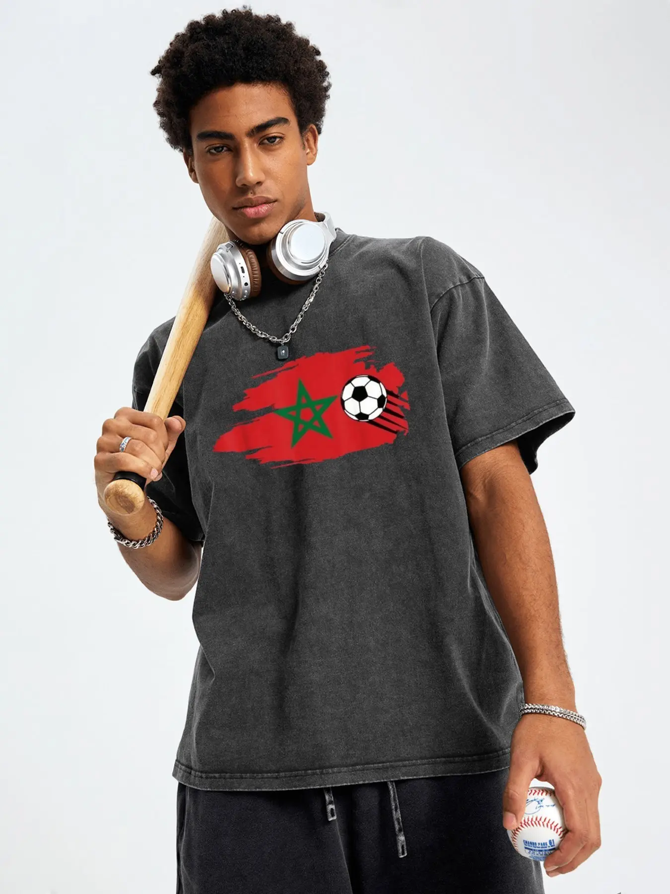 Men's Acid Washed Retro Oversized Short Sleeve Menswear T-Shirt - Morocco Flag Football Print, Casual Sports Streetwear Top