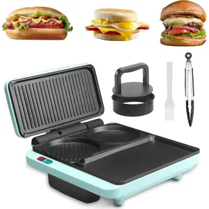 Breakfast Sandwich Maker, Nonstick Electric Griddle & Grill Combo, 3 in 1 Breakfast Station, Make Egg Muffin Sandwiches Burgers Hot dogs & Pancakes, Includes Burger Press, Tong & Brush