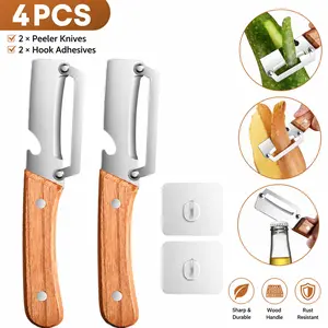4PCS Multi-Functional Stainless Steel Peeler Knife Set – Thickened Fruit & Vegetable Peeler, Ultra-Sharp Blade, Wooden Handle with Bottle Opener ,2 Horn Hooks – Kitchen Essential Set
