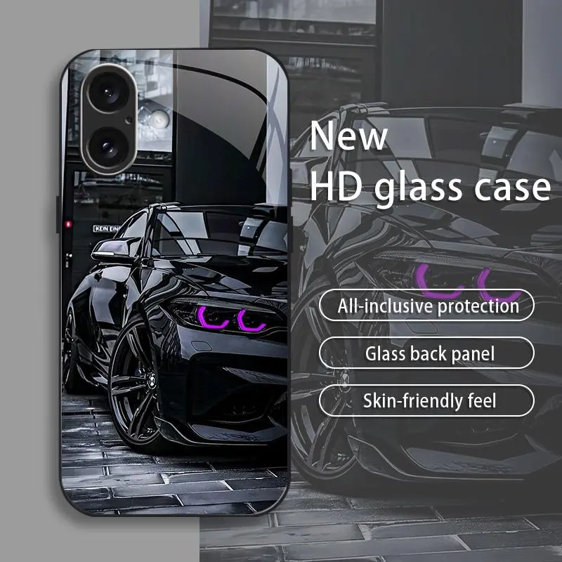 Black Racing drop-resistant glass phone case suitable for [iPhone 16 Plus] protective film full cover protective glass back panel skin-friendly feel 995