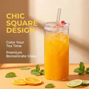DWTS DANWEITESI Premium Drinking Glasses Tumblers, 4-Pack 13oz Modern Square Glassware Drinkware Set with Plastic Lids & Straws, Portable Eco-Friendly Kitchenware for Beer, Tea