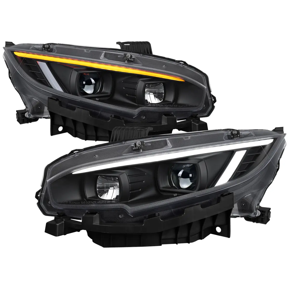 2016-2021 Honda Civic Projector Headlights w/ Switchback LED Sequential Turn Signals DRL Parking Light Strip (Matte Black Housing  / Clear Lens)