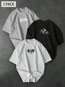 Men's 3-Piece Loose Fit Gym T-Shirt Set, Dumbbell & Barbell Print Sportswear, Breathable Cotton Blend Quick-Dry Fitness Tops