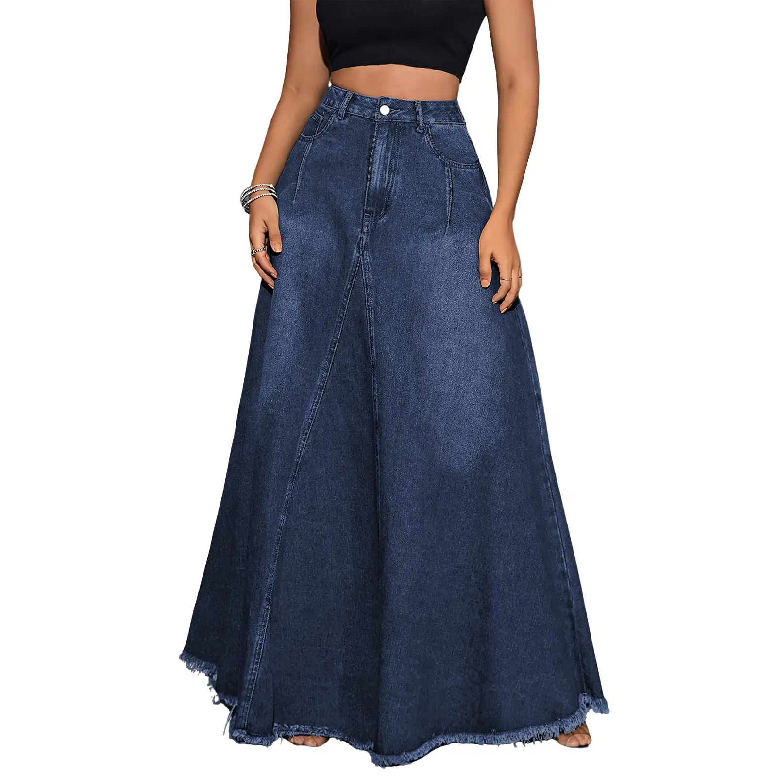 Chouyatou Women's High-Waist Cotton A-Line Washed Denim Maxi Jean Skirt - Vintage Distressed, Frayed Hem, with Pockets (Women's Bottoms), Bottom, Textured Fringe, 2Xl, Button, Belted, Fit & Flare, Holiday, Plain, Retro, Ripped, No, Lady, Vintage Clothing,