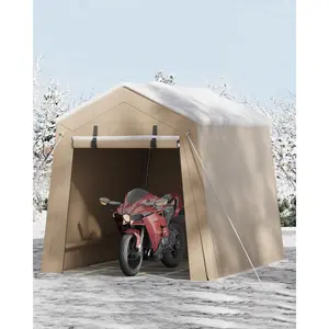 Garvee 6x8 ft Portable Outdoor Storage Shed with Roll-Up Zipper Door & Vent, 240G Heavy-Duty Shelter Waterproof PE Tarp, UV-Resistant Carport for Motorcycle, Firewood, Tools - Khaki