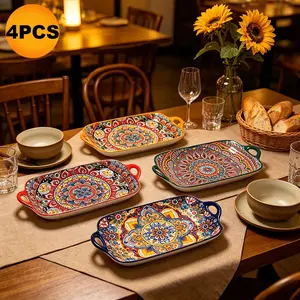 Bohemian Ceramic Bowl Set, 4 Pieces Party Decorative Bowls, Serving Dinnerware, Dishwasher Safe, Microwave Friendly, Elegant Tableware for Home Use