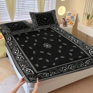 Peasley Nut Flower Fitted Sheet Set & 2 Pillowcases No Core, Black Base Color, White Paisley Cashmere Pattern with Geometric Border, Soft Anti-Wrinkle Washable, Western Vintage Bedroom Decor Gift Choice