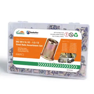 Rivet Nut Kit, 600pcs SAE & Metric Rivet Nut Assortment Kit Galvanized Carbon Steel Flat Head Threaded Insert Nuts, Sizes 6-32 8-32 10-24 10-32 1/4"-20 5/16"-18 3/8"-16 1/2"-13 M3 M4 M5 M6 M8 M10 M12