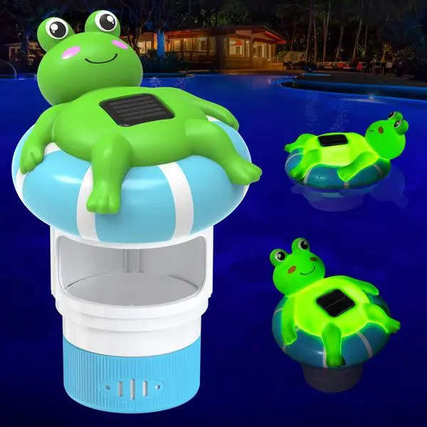 Solar Frog Pool Chlorine Floater with LED Light – Floating Chlorine Tablet Dispenser for Pools & Spas, Floating Pool Chlorine Dispenser for 4x3” Chlorines Tablets