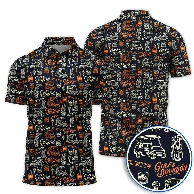 Men’s Black Orange Bourbon Whiskey Golf Polo Shirt, Graphic Performance Apparel for Golfers and Whiskey Lovers