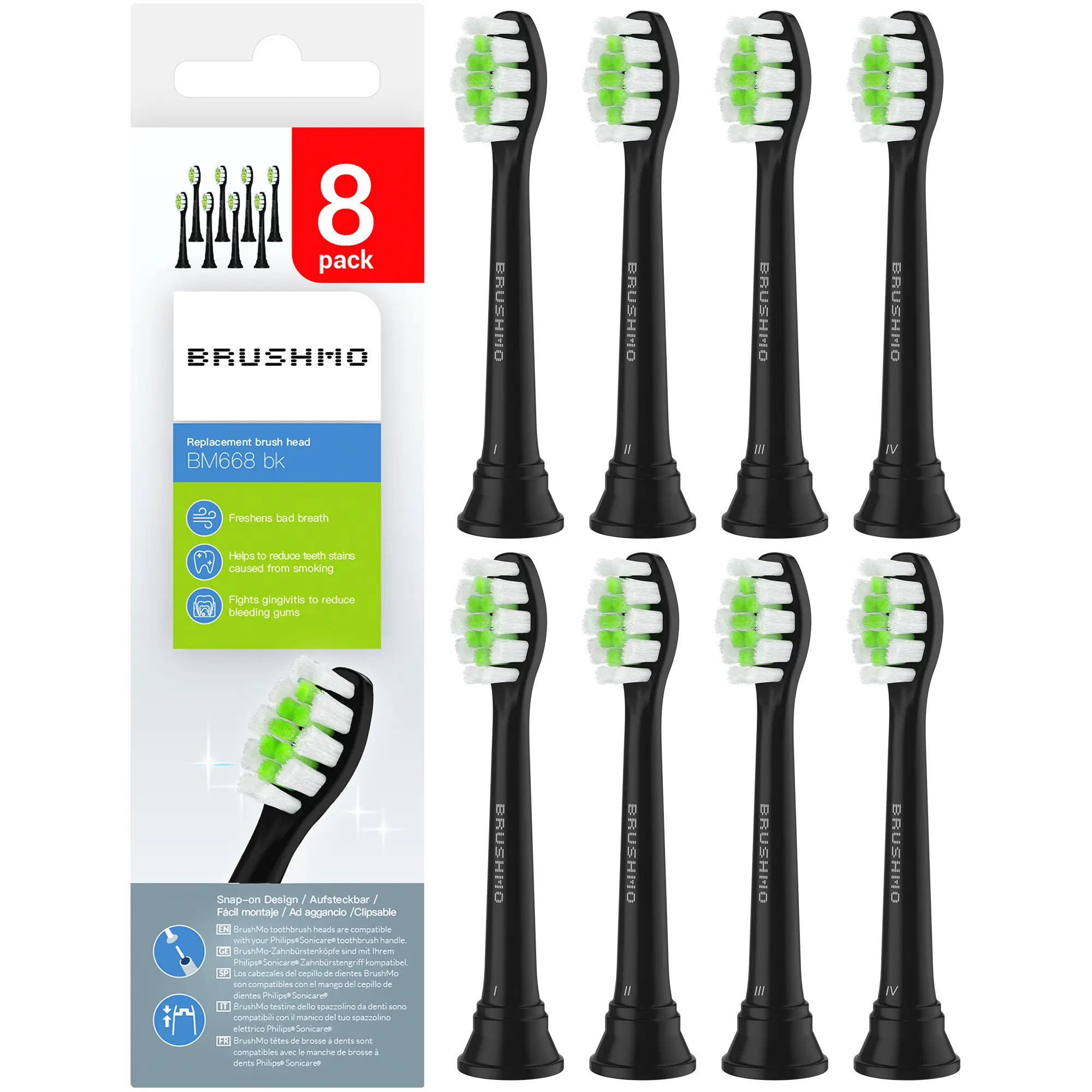 Brushmo Replacement Toothbrush Heads Compatible with Philips Sonicare DiamondClean HX6062/65, Black, 8 Pack Sonicare-Compatible Toothbrush