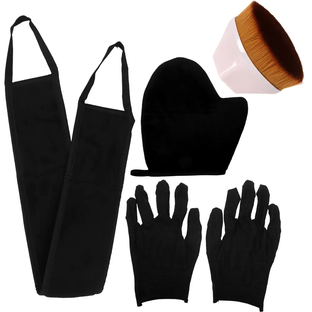 4-Pack Sunless Fake Tan Applicator Kit with 1 Set of Washable Kitchen Accessories - Ultra Soft Mitt, Water Proof Self Tanner Lotion Back Applicator, Soft Bristles Face Tanner Brush, Exfoliating Glove for Streak-Free Results