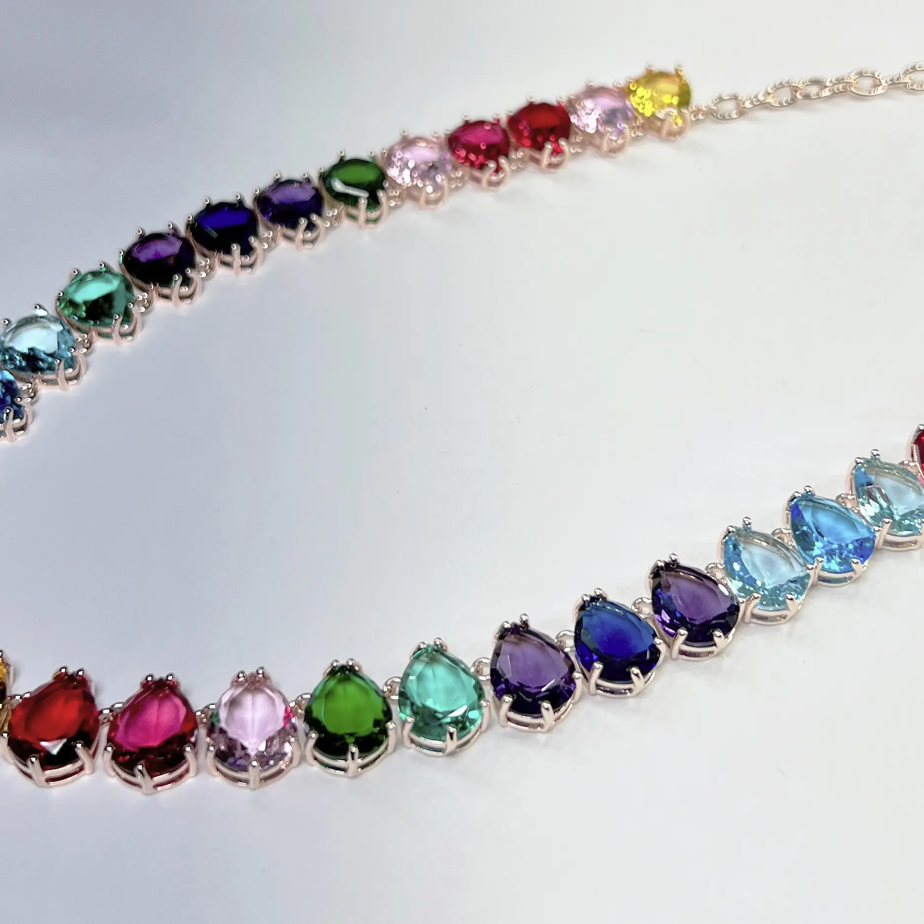 Rainbow Pear-Cut Gemstone Statement Necklace on Rose Gold