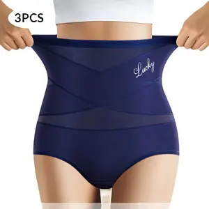 Women's High-Waist Flat Compression Shapewear Panties, 3-Pack with Lucky Letter Logo & Cross-Mesh Panels, Ultra Soft Breathable Spandex Smooth Workout Briefs for Everyday Wear - Polyester Womenswear