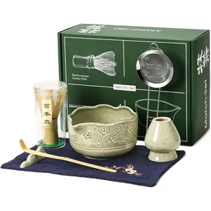 Matcha Whisk Set, 7 Pcs Matcha Kit Includes Ceramic Green Matcha Bowl, Whisk and Holder, Bamboo Scoop, Scoop Stand, Sifter, and Tea Towel - Traditional Tea Ceremony Accessory Set for Matcha Lovers
