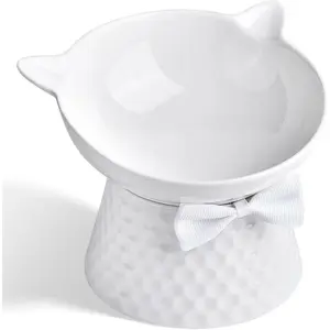 Ceramic Raised Cat Bowl with Stand and Bow Tie, Tilted Elevated Anti-Vomit Cat Dish for Whisker Relief, Microwave & Dishwasher Safe, Cute Pet Food Bowl for Cats and Small Dogs