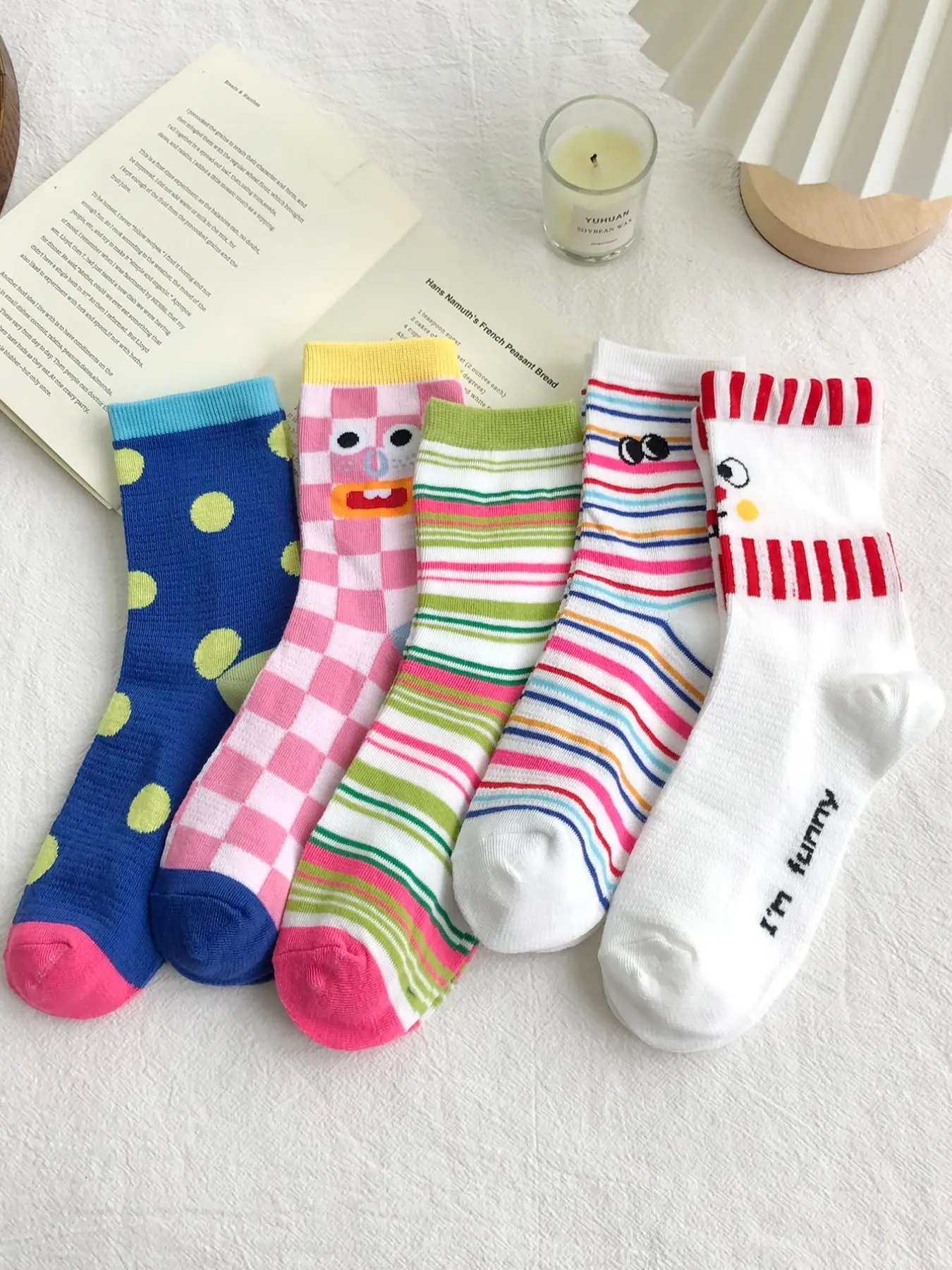 5 Pairs fashionable and cute printed expression mid tube socks with patchwork stripes, comfortable casual socks suitable for women's daily versatile socks, Casual Stylish Socks