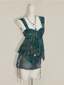 Summer Fashion Beach Vacation Floral Lightweight Mesh Halter Top, Asymmetrical Hem Sheer Sleeveless Shirt, Women's Loose-Fit Holiday Tank Top