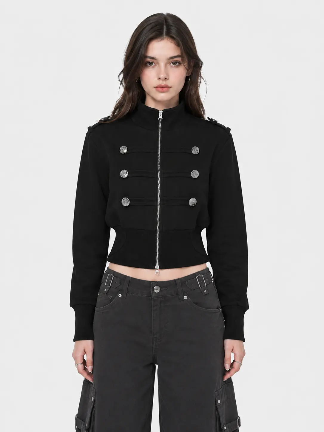 Aelfric Eden Napoleon Zip Up Jacket Napoleon Military Style Double-Breasted Metal Buttons Stand Collar Cropped Silhouette Structured Knit Fabric Y2K Women Edgy Outerwear