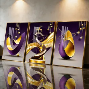 3Pcs Aluminum Alloy Framed Painting, Abstract Golden And Purple Geometric Art Picture, Home Decoration For Living Room, Bedroom, OfficeWall Decor, Odorless Print Artwork, Luxury Perfect Gift For Friends And Family