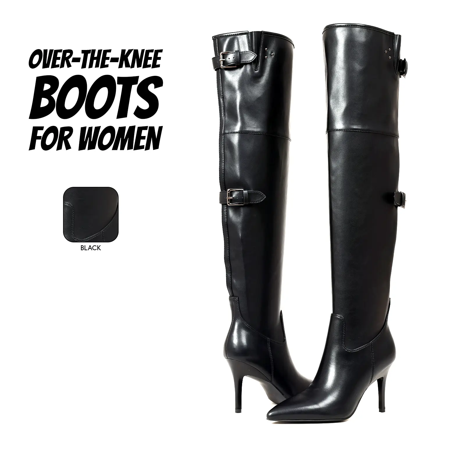 Over the Knee Boots For Women Buckle Boot Stiletto High Heel Pointed Toe Thigh-high Boot Fashion Goth Punk Party Night Club Tall Dress Shoes Long Footwear