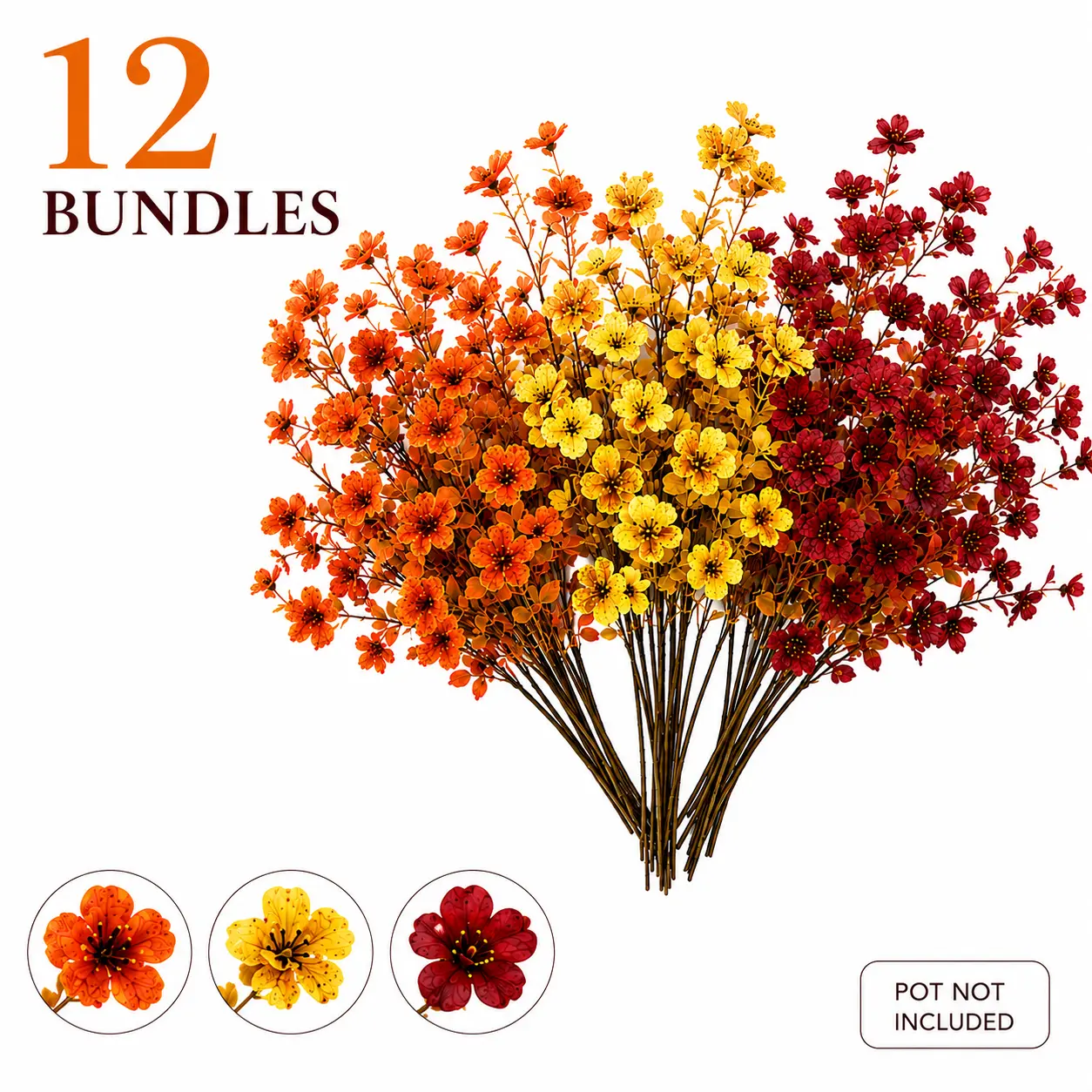 12-Bundle Bouquet Artificial Flowers for Home Decor Items, Warm Orange-Yellow-Burgundy Faux Fall Leaves Faux Stems, UV-Resistant Bendable Fake Floral Stems for Porch, Autumn Thanksgiving Decor
