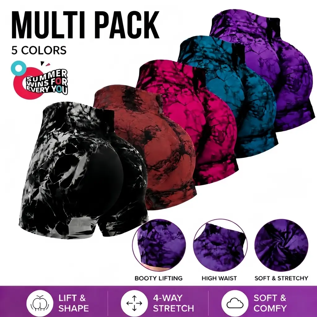 Women Seamless Yoga Shorts 1 Pack / 3 Pack / 5 Pack, High Waisted Butt Lifting Workout Shorts, Tummy Control Gym Activewear, Stretchy Summer Fitness Shorts，Women's Tie Dye Print High Waist Seamless