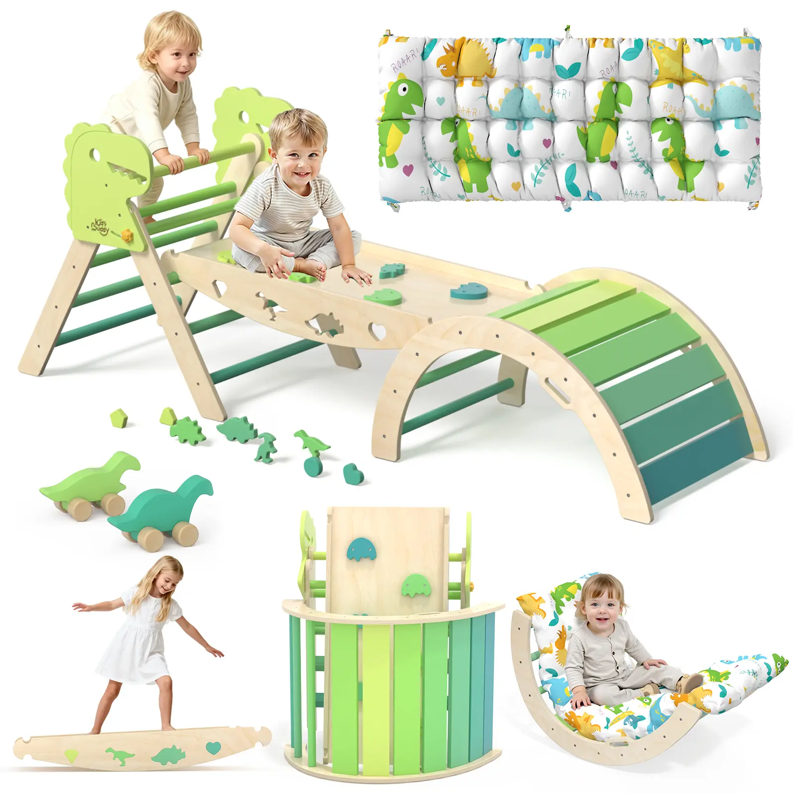 Pikler Triangle Set with Cushion 9 in 1 Climbing Toys for Toddlers 1-3 Indoor Baby Climbing Gym Toddler Montessori Toys Wooden Playground with Maze, Shape Sorting Game, Dinosaur Car