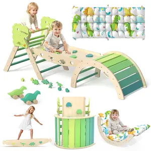 Pikler Triangle Set with Cushion 9 in 1 Climbing Toys for Toddlers 1-3 Indoor Baby Climbing Gym Toddler Montessori Toys Wooden Playground with Maze, Shape Sorting Game, Dinosaur Car