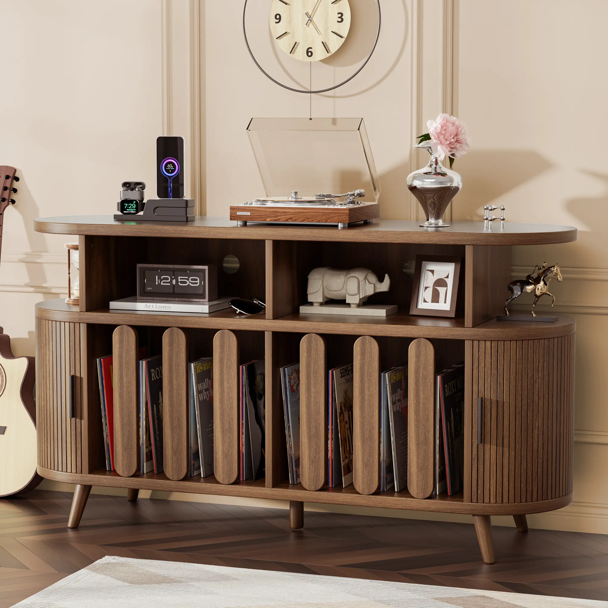 Large Curved Record Player Stand with Built-In Power & USB Charging Station, 35.5in /55.2in Wide Vinyl Record Storage Cabinet, Partitioned Turntable Stand Record Shelf Holds Up to 300+ Vinyl Albums for Bedroom Living Room Apartment, Walnut Wood Finish