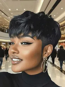 Top Dyed Gradient Brown Pixie Bob Wig 6 Inches Short Layered Cut Human Hair Wig Natural Bouncy Texture Easy To Install And Adjust Tangle Free No Shedding Glueless Casual Style Ideal For Daily Makeup And Party Looks Pre Cut Wigs