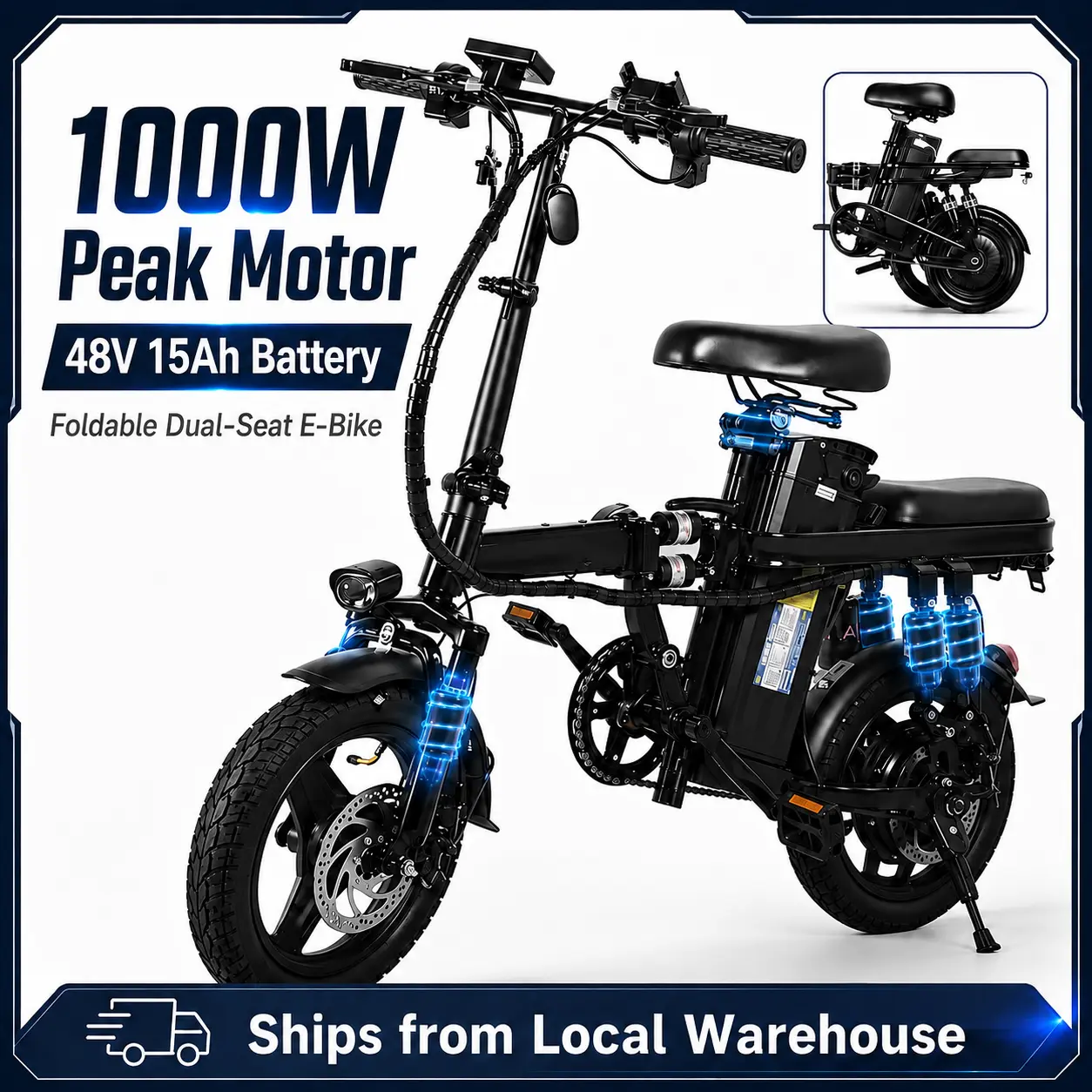 Adult Folding Ebike - Dual Foldable Seat, 1000W peak Motor,48V 15Ah Battery, 20 mph Speed, 30miles+Range, 14-LevelShock Absorption, Includes Wheels, Pedals, Charger(Sports & Outdoor Cycling Equipment) budget 70 us, Adjustable Modes, Compact Fold