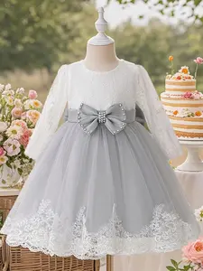 Girl's Lace Bow Decor Sweater Dress, Elegant Long Sleeve Round Neck Knit Dress for Party Wedding Guest, Kids Clothes for Spring & Fall, Solid Color Dress