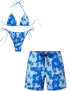 Blue Floral Matching Swimwear Set Triangle Bikini Womens and Hawaiian Mens Swim Shorts Couple Beach Outfit Summer Vacation Gift