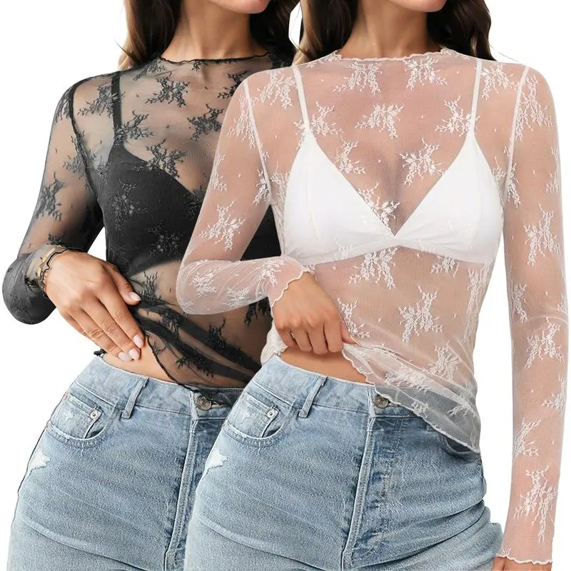 Tanming Women's Long-Sleeve Mesh Lace Blouse - Stretchy Elastic Fabric, Comfortable Slim-Fit, Floral Embroidery, See-Through Layering Top for Summer Beach #SpringStatements