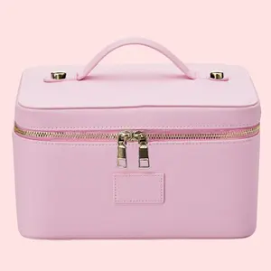 New PU Portable Cosmetic Bag with Compartment Large Capacity Pink Leather Makeup Organizer for Travel & Daily Use Perfect for Organizing Your Essentials
