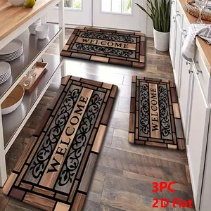2/3 Piece Flannel Entrance Mat Set, Vintage Wood Grain Carving Welcome Design, Anti-Slip, Absorbent, Home Decor