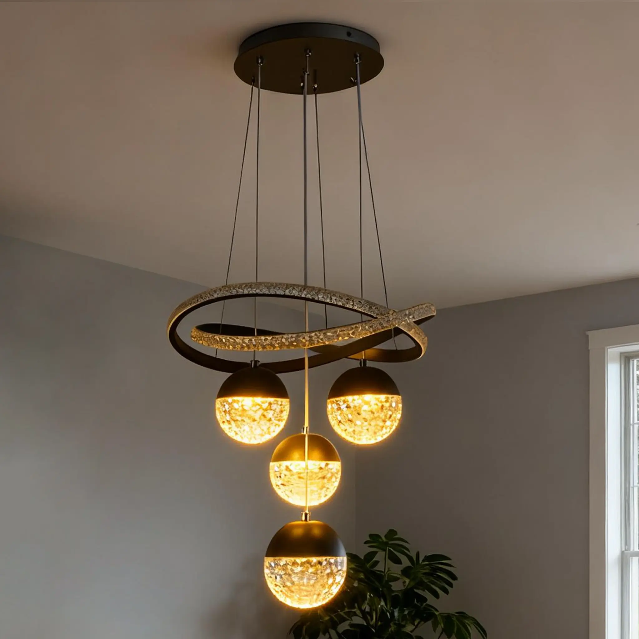 16-Inch Contemporary Chrome Aluminum Iron LED Ring Sphere Pendant Light with Height-Adjustable Cords, Modern Home Decor for Dining Room, Indoor Lighting Fixture