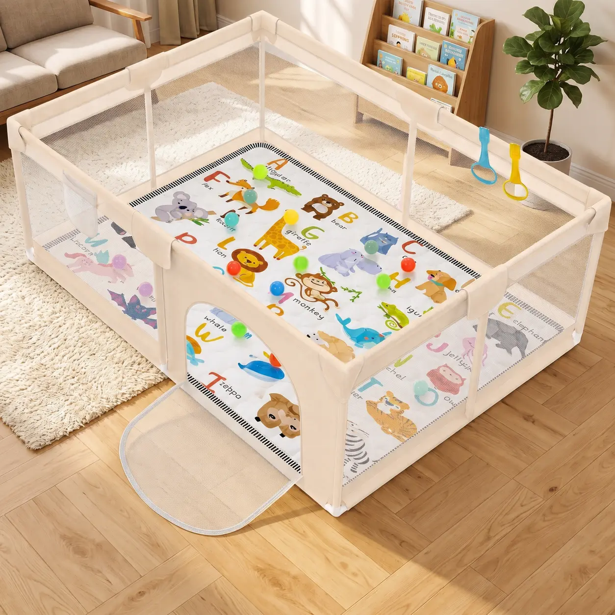 71x71 Inch Baby Playpen for Babies And Toddlers, Extra Large Play Yards for Indoor & Outdoor with Zipper Gates, Breathable Mesh with Anti-Slip Base, Multiple Sizes, Fits Different Space Requirements Gray/Beige
