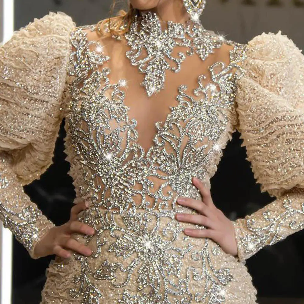 Dress V-neck feather princess dress sprinkled with gold long mesh evening dress