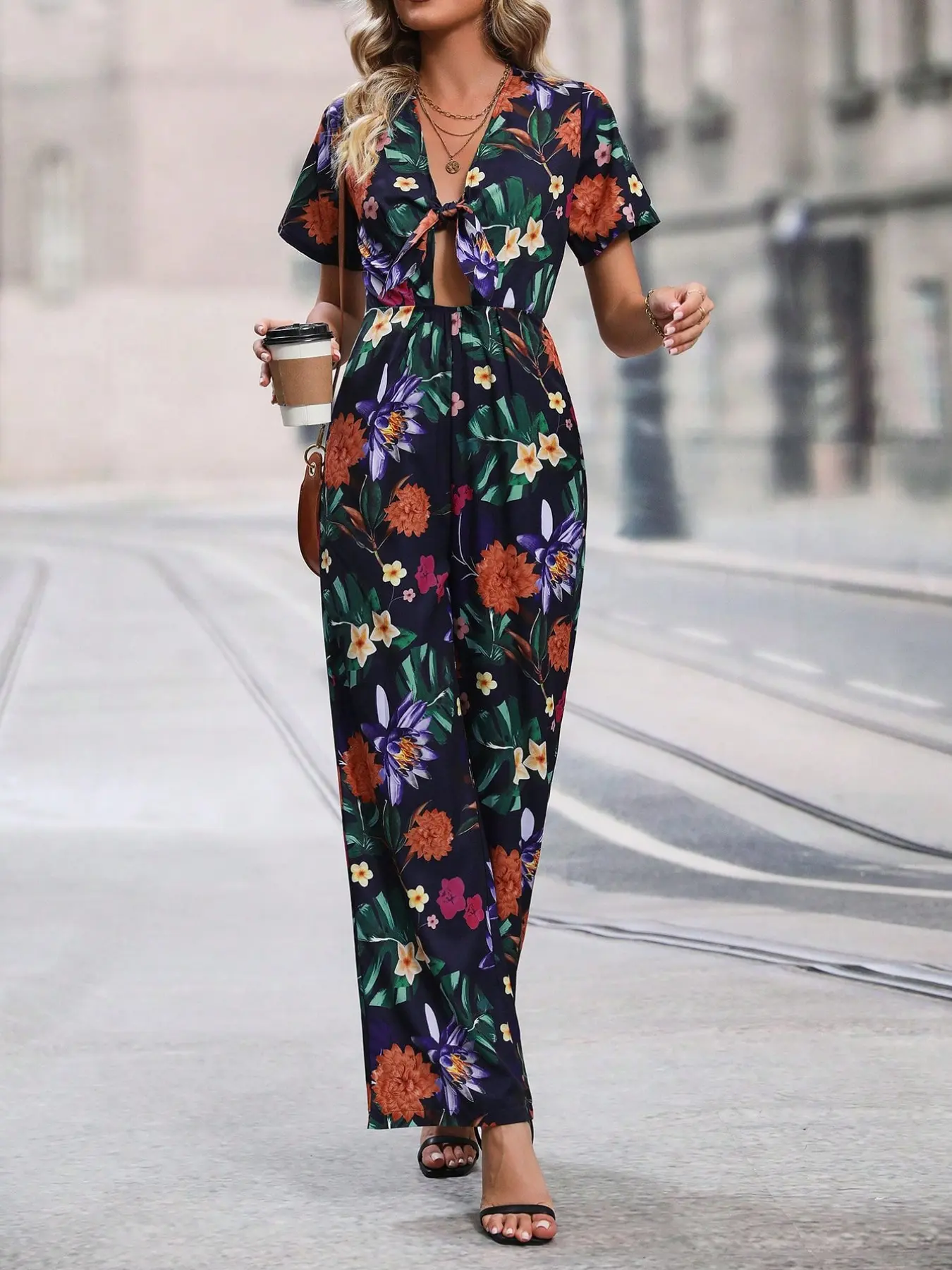 Spicy Coquette Tropical Floral Print Tie Front Cutout Wide Leg Jumpsuit (Vacation Style) Vintage French Tropical Floral Print Tie Front Cutout Wide Leg Jumpsuit Chill Casual Tropical Floral Print Tie Front Cutout Wide Leg Jumpsuit