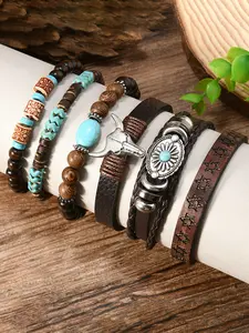 6-Piece Boho Turquoise Beaded Bracelet Set, Handmade Multi-Layer Ethnic Style Jewelry, Cow Skull Design, Skull Motif, All Seasons Wear