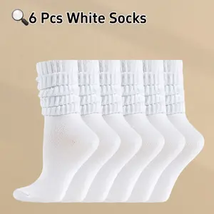 6 Pairs  Minimalist Stacked Crew Socks Pure White Calf Socks Cozy Versatile Warm Socks  for Casual Outings