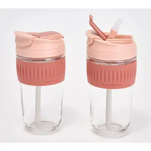 LocknLock Set of 2 Dual Glass Tumblers w/ Silicone Grip & Straws