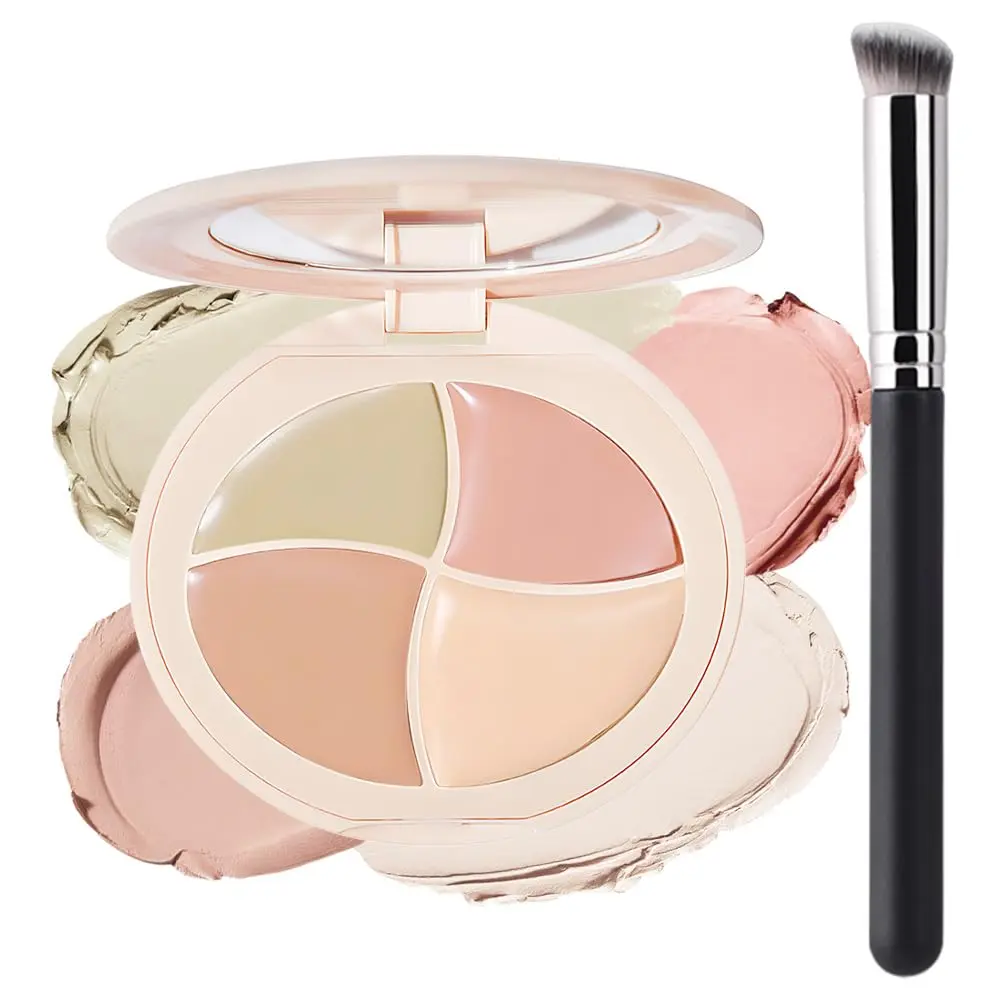 Pot Concealer Full Coverage Kit with Brush for Older Women 4 Nude Shades Under Eye Color Corrector Concealer Palette for Dark Circles Mature Skin Makeup Waterproof Foundation Corrector Compact Creamy Blendable Formula - Evening