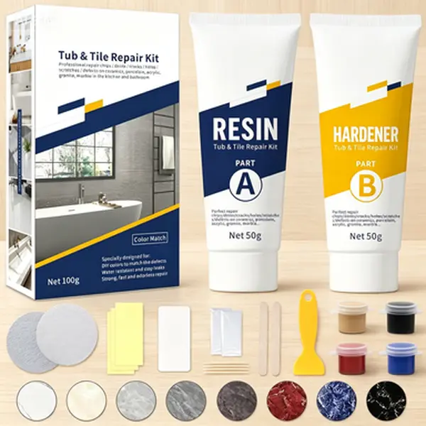 Porcelain and Fiberglass Repair Kit for Tubs Tiles Showers, Chip Dent Crack Hole Scratch Repair, Color Match Restoration Kit, Reusable Bathtub Sink Surface Fix Kit, Easy Application Durable Repair Solution