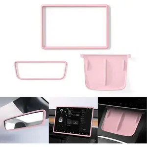 Center Console Wireless Charger Mat,Screen and Rearview Mirror Protector Frame,Anti-Slip Silicone Protector for Tesla 2021-2023 Model 3 and 2021-2025 Model Y Accessories(3 PCS Pink)