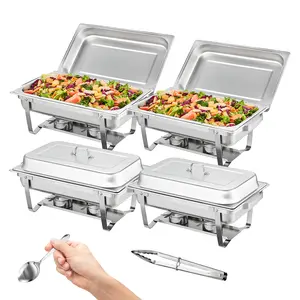 VEVOR Chafing Dish Buffet Set,  8 Qt 4 Pack, Stainless Chafer with 4 Full Size Pans, Rectangle Catering Warmer Server with Lid Water Pan Folding Stand Fuel Tray Holder Spoon Clip, at Least 8 People Eac